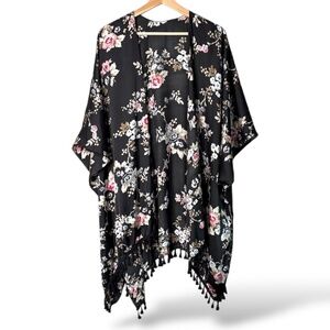 UNBRANDED Black Floral Boho Satin Kimono Coverup Fringe Trim Defined Sleeve O/S